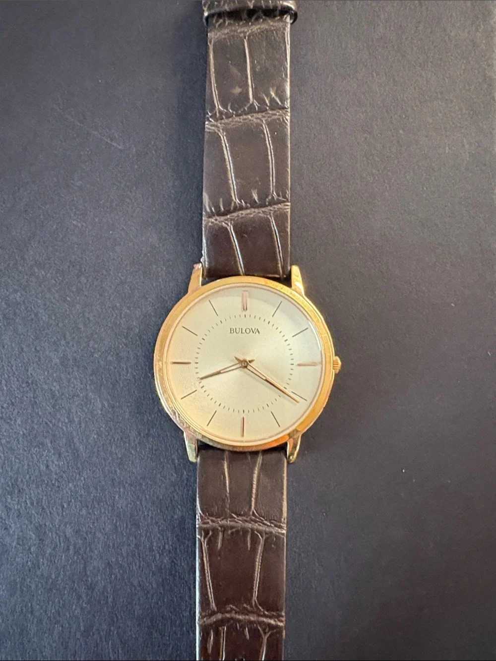 Bulova Gold Case Watch with Brown Leather Strap and Cream Dial